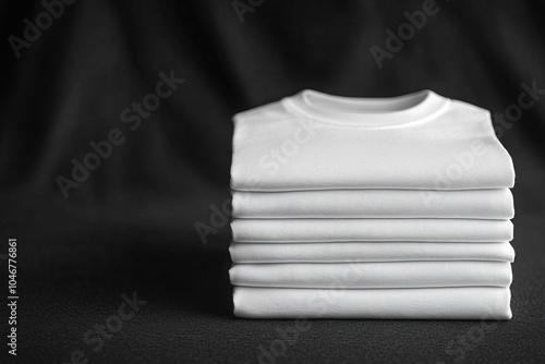 A neat stack of white t-shirts on a black background. Generated by artificial intelligence photo