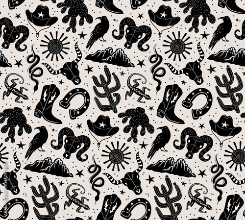 wild west cowboy cowgirl western stuff seamless pattern in black and white on tan background, vector illustration block print style repeat design print