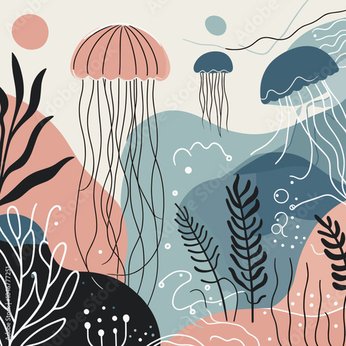 Stylized jellyfish swimming among abstract marine plants in pastel colors