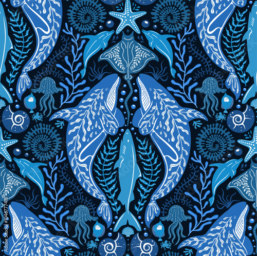 under the sea ocean marine life underwater damask style mammals fish corals seamless pattern in blue white on navy colors featuring orcas whales manta rays, dolphins, sharks, jellyfish corals