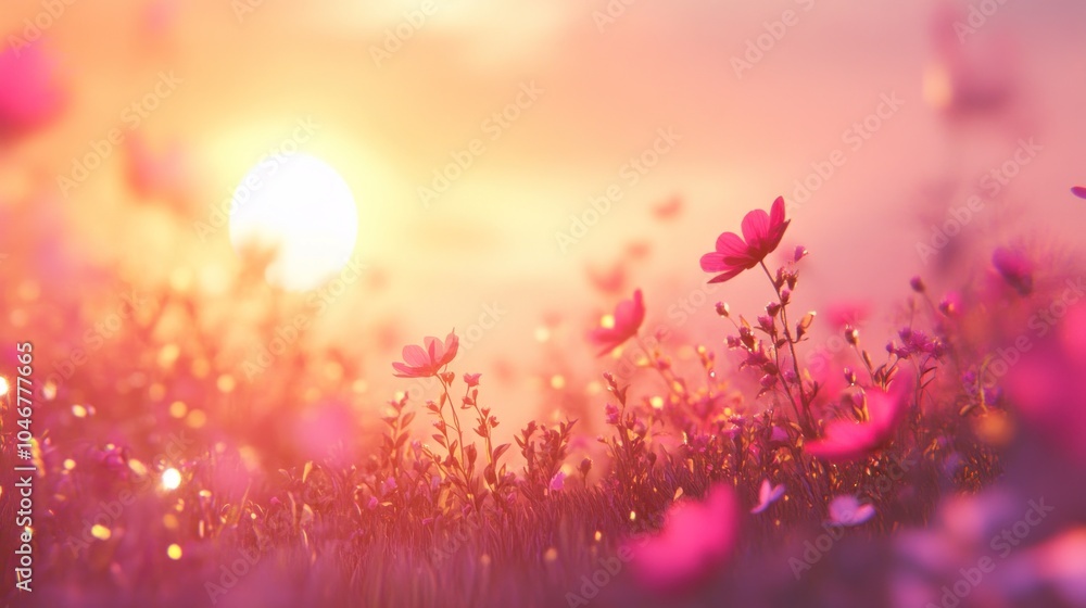 Field of Pink Flowers at Sunset with Warm, Bright Sunlight Field of Pink Flowers at Sunset with Warm, Bright Sunlight