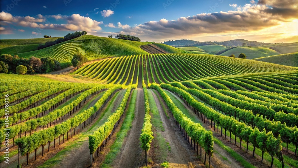 Rolling hills with rows of grapevines stretching towards the sky, hills, farmland, landscape, rural landscape Rolling hills with rows of grapevines stretching towards the sky, hills, farmland, landscape, rural landscape