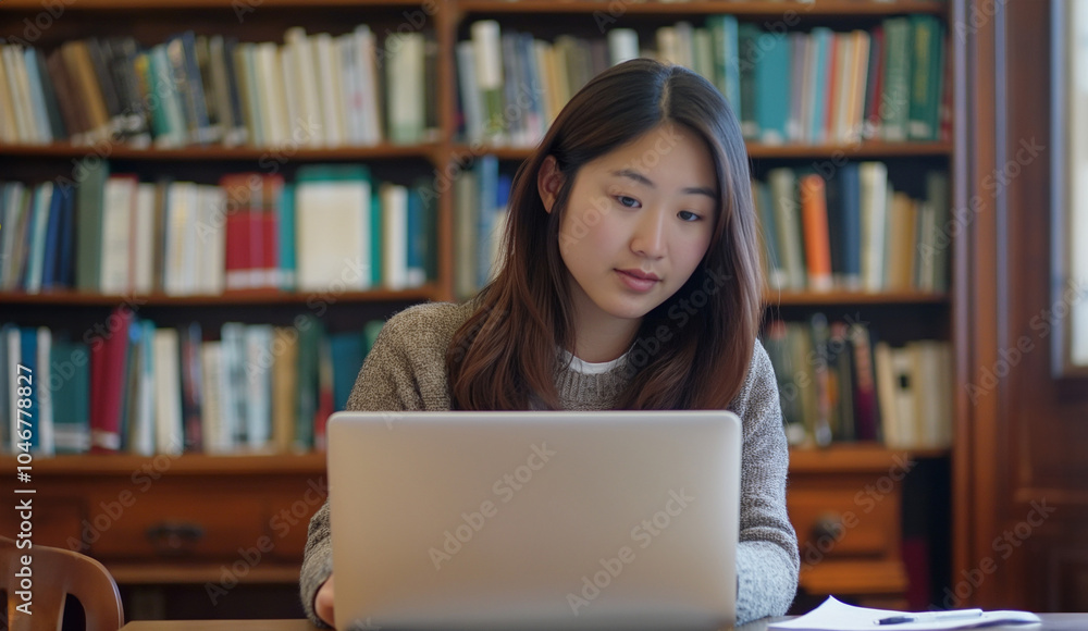 Young Asian Woman Studying on Laptop in Traditional Library for Online Learning or Remote Work Young Asian Woman Studying on Laptop in Traditional Library for Online Learning or Remote Work