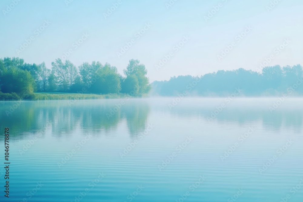 Early morning mist blankets a calm lake, creating a peaceful atmosphere as trees reflect gently on the water's surface. Generative AI Early morning mist blankets a calm lake, creating a peaceful atmosphere as trees reflect gently on the water's surface. Generative AI