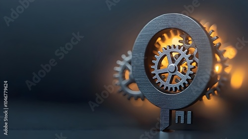 Close up of a keyhole with intricately turning gears glowing softly with a warm bokeh like haze surrounding it photo