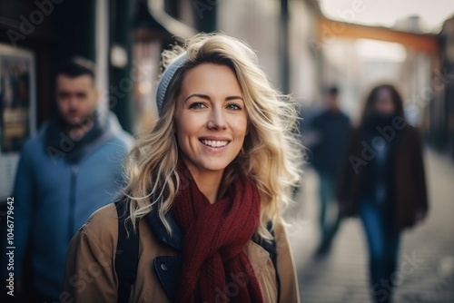 Portrait of beautiful young woman walking in the city, wearing warm clothes.