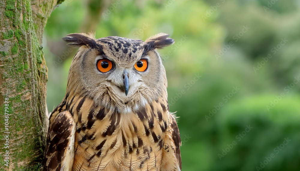 A Wise Owl Perched on Tree in a Lush Garden and Copy Space A Wise Owl Perched on Tree in a Lush Garden and Copy Space