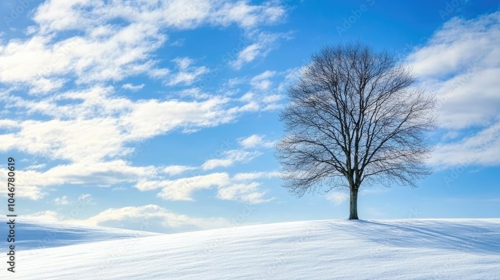 A lone tree rises from a snow-covered field, with a vibrant blue sky and delicate clouds above, symbolizing solitude and the serene beauty of winter. A lone tree rises from a snow-covered field, with a vibrant blue sky and delicate clouds above, symbolizing solitude and the serene beauty of winter.