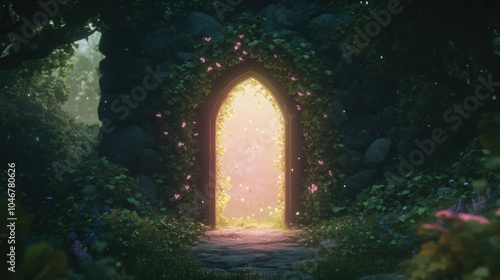 Hidden door in magical woodland, fairytale colors, soft lighting.