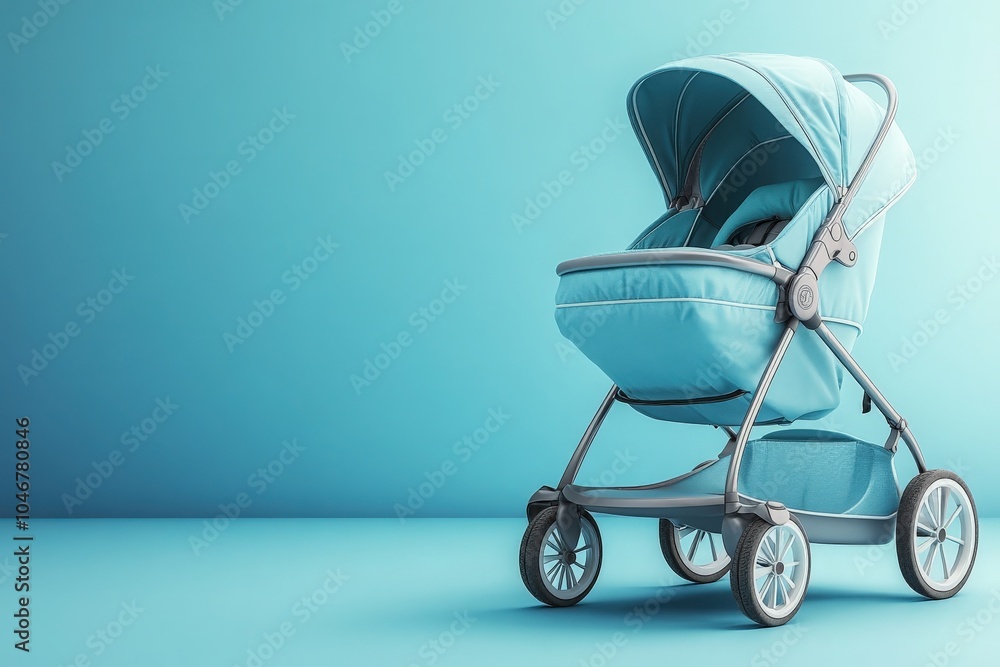 A stylish lightweight baby pram in soft turquoise is showcased against a solid, clean background. Its design highlights practicality and comfort for parents on the go, ideal for outings with infants. A stylish lightweight baby pram in soft turquoise is showcased against a solid, clean background. Its design highlights practicality and comfort for parents on the go, ideal for outings with infants.
