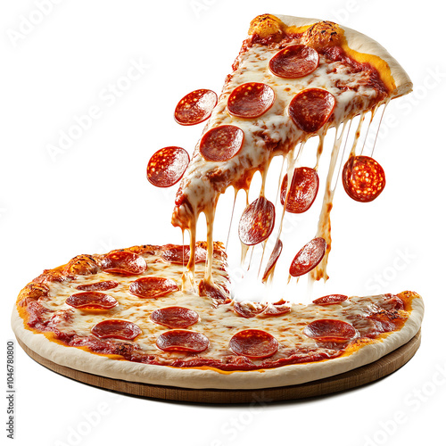 pizza pepperoni on white background with falling sausages and melting cheese