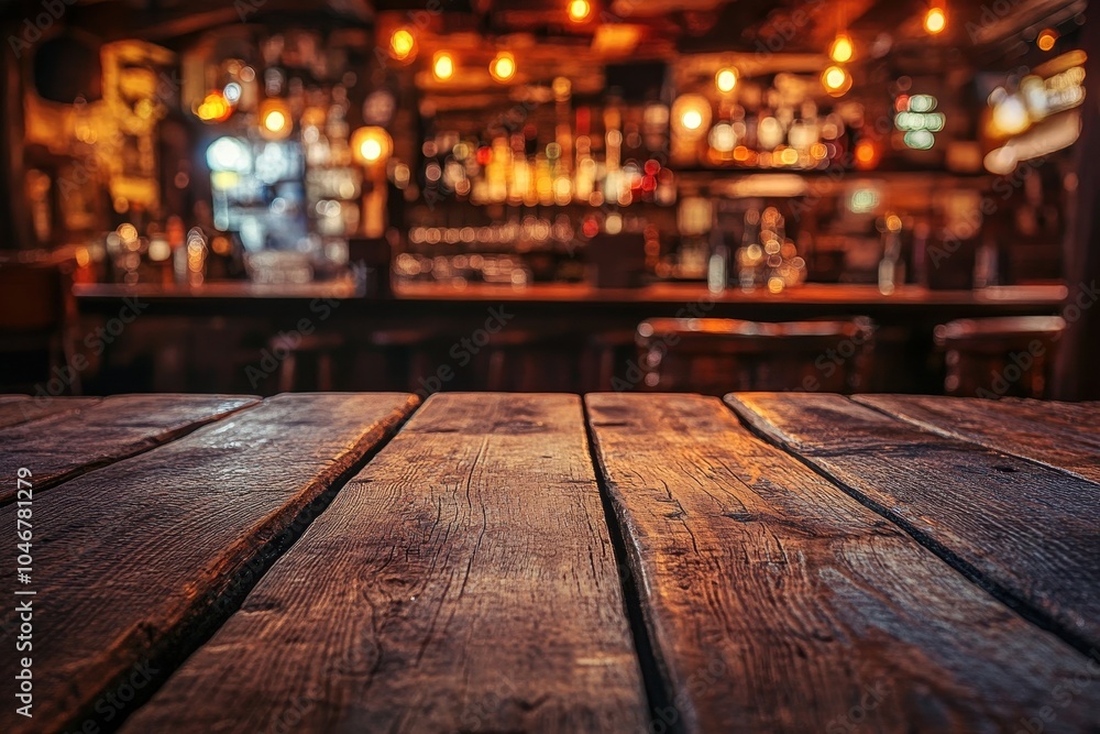 Rustic wooden table in a dimly lit bar with a blurred background. Rustic wooden table in a dimly lit bar with a blurred background.