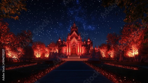 Majestic Night View of a Lit Temple in a Starry Sky