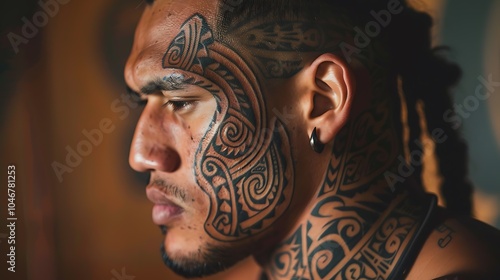 Portrait of a young man with traditional Polynesian tattoos on his face and neck. He is looking to the side with a serious expression. photo