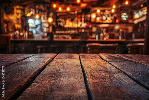 Rustic wooden table in a dimly lit bar with a blurred background.