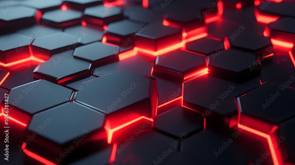 Dark futuristic hexagons background with red glow breaking out, 3d render illustration
Dark futuristic hexagons background with red glow breaking out, 3d render illustration