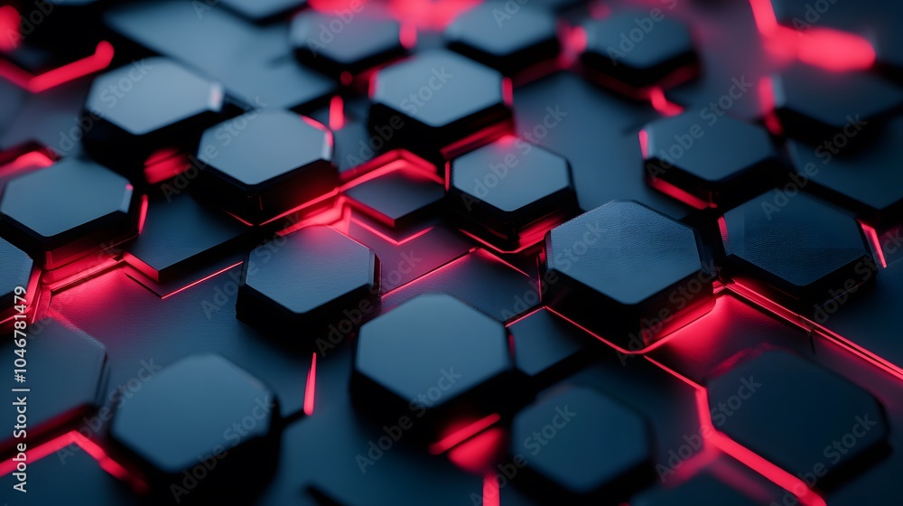 Dark futuristic hexagons background with red glow breaking out, 3d render illustration
Dark futuristic hexagons background with red glow breaking out, 3d render illustration