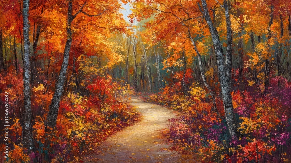 Naklejka premium A vibrant autumn landscape with a winding path surrounded by colorful foliage.