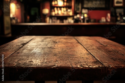 Empty wooden table in a dark pub with a blurry bar in the background. photo