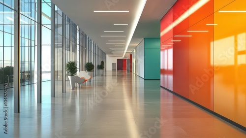 Modern office hallway with colorful walls, large windows, and bright lighting.