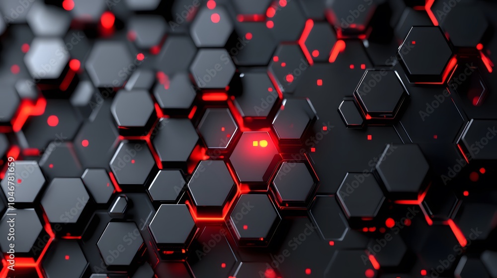 Dark futuristic hexagons background with red glow breaking out, 3d render illustration
Dark futuristic hexagons background with red glow breaking out, 3d render illustration