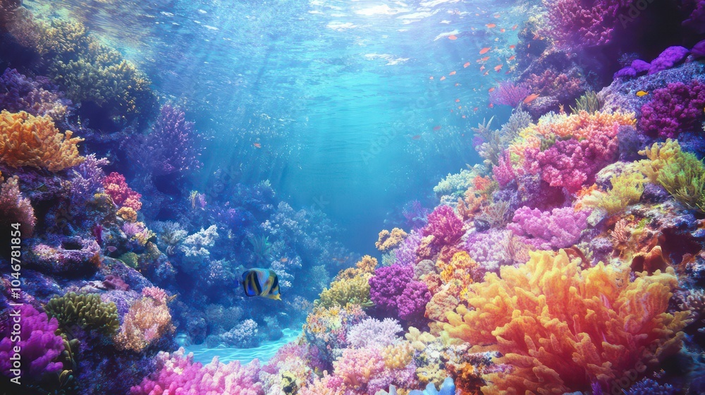 Naklejka premium A vibrant coral reef with colorful fish and corals.