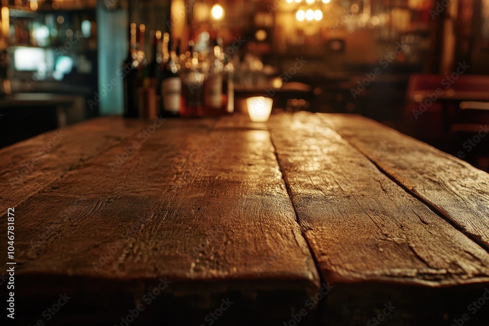 Empty wooden table in a dimly lit bar, perfect for product placement. Empty wooden table in a dimly lit bar, perfect for product placement.