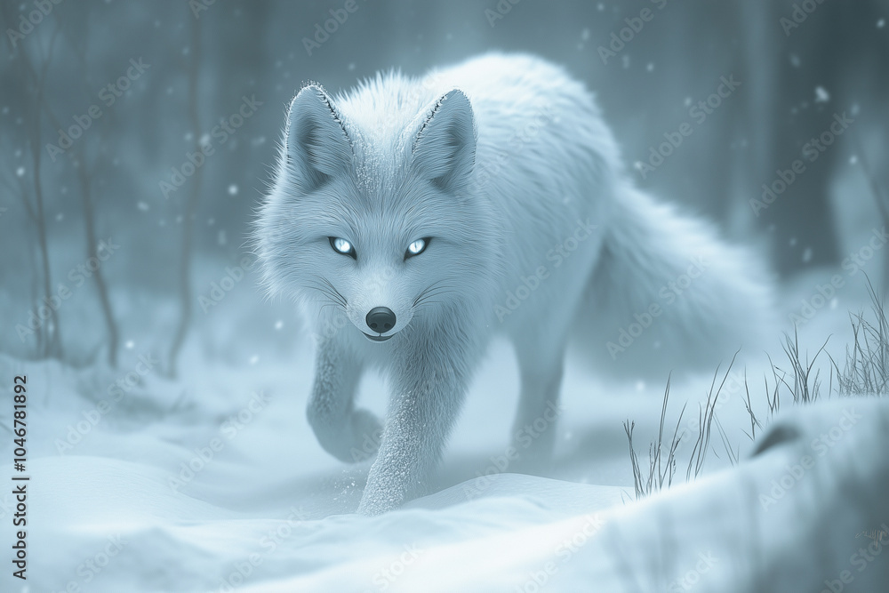 Arctic Fox Walking Through a Snowstorm with Glowing Eyes Arctic Fox Walking Through a Snowstorm with Glowing Eyes