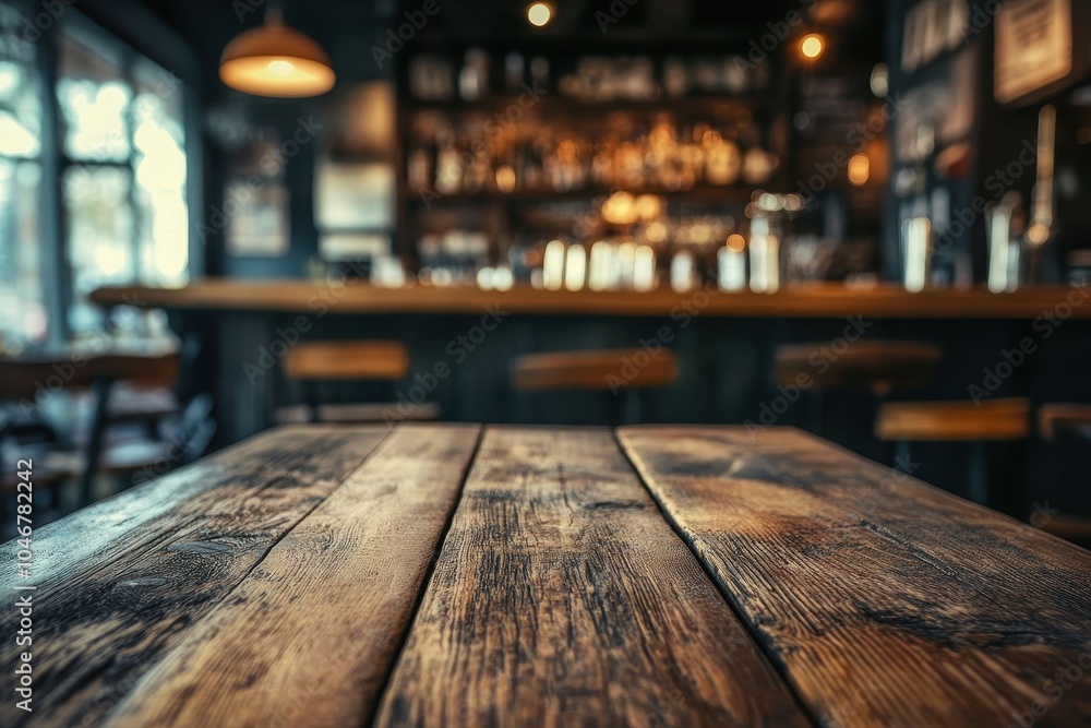 Close-up of a rustic wooden table in a bar setting. Close-up of a rustic wooden table in a bar setting.