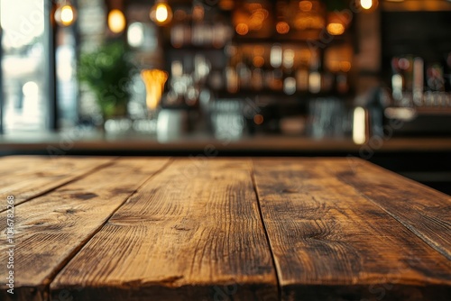 Empty wooden table in a bar with blurred background.