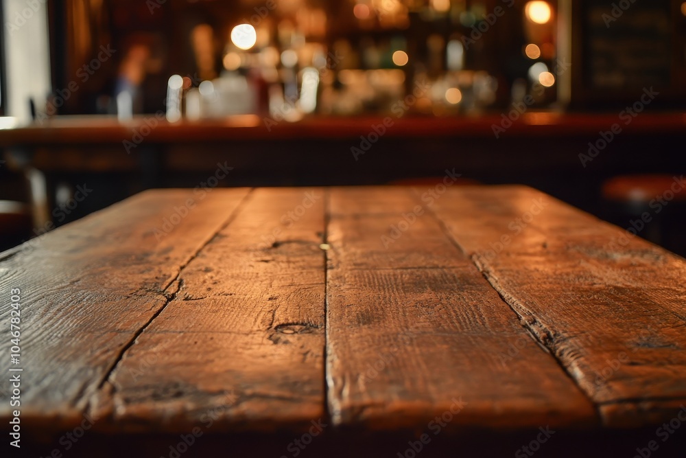 Empty wooden table in a dimly lit pub with a blurred bar in the background. Empty wooden table in a dimly lit pub with a blurred bar in the background.