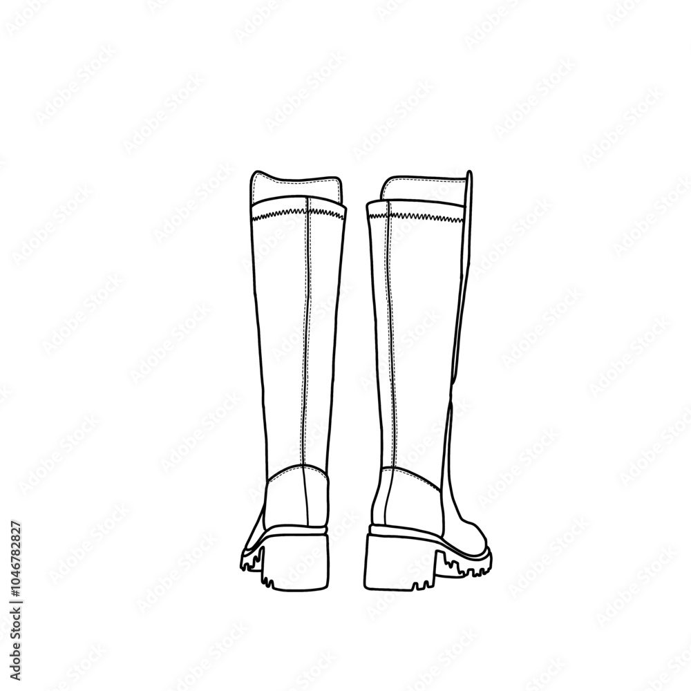 Knee high boots chunky block heel round toe tall boots with buckle line art. Technical sketch hand drawing outline vector doodle illustration side rear view isolated on a white background Knee high boots chunky block heel round toe tall boots with buckle line art. Technical sketch hand drawing outline vector doodle illustration side rear view isolated on a white background