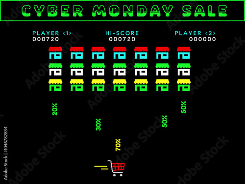 Cyber Monday sale banner as a retro arcade video game. Shopping cart collects discounts that internet shops drop.