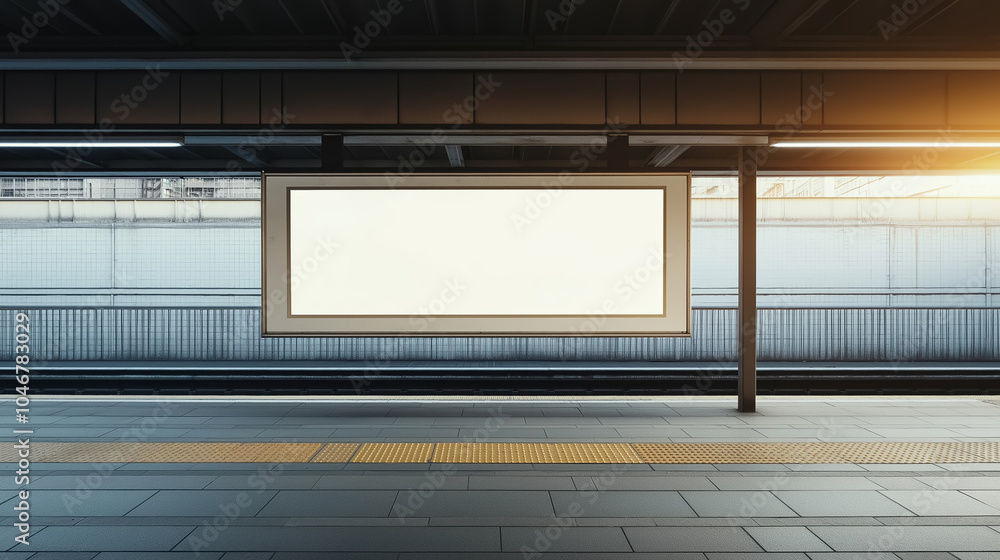 Large blank, white billboard is hanging on a wall on a subway station platform with the city in the background Large blank, white billboard is hanging on a wall on a subway station platform with the city in the background