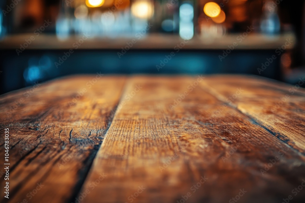Close up of a wooden table top with a blurred bar counter in the background. Close up of a wooden table top with a blurred bar counter in the background.