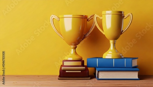 Two golden trophies atop stacked books against a yellow background, symbolizing achievement and knowledge.