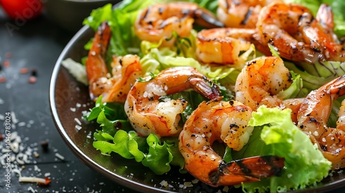 Freshly grilled juicy jumbo shrimps with green salad leaves on a black plate. Healthy seafood dinner.