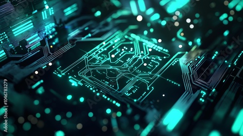 A futuristic, close-up image of a glowing circuit board in electric blue and green, symbolizing technology and innovation