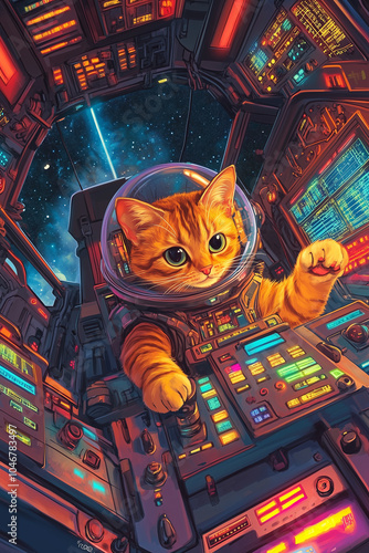 Mischievous Tabby Cat in a Glowing Spaceship Cockpit with Space Helmet