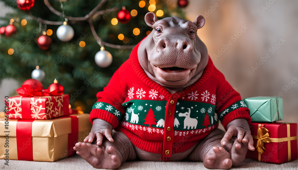Hippo MOODENG dressed in red Santa suit carrying or sitting next to gifts or under a decorated Christmas tree. generative ai. Hippo MOODENG dressed in red Santa suit carrying or sitting next to gifts or under a decorated Christmas tree. generative ai.