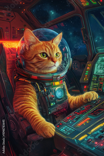 Mischievous Tabby Cat in a Glowing Spaceship Cockpit with Space Helmet