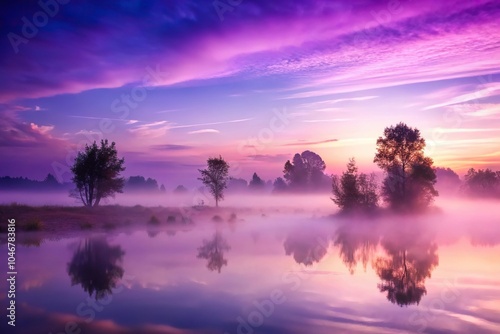 Softly glowing purple mist rises from a serene landscape at dawn, dawn breaking, soft focus, lavender fields