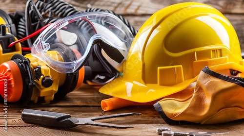 Construction worker's safety gear, including a hard hat, safety glasses, gloves, and ear protection. photo