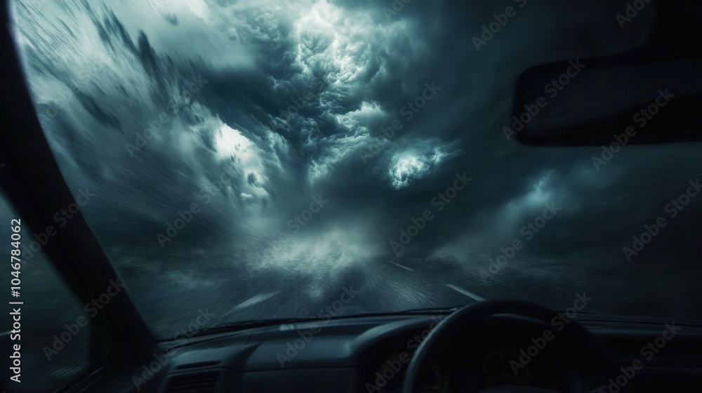 A perspective, driving towards a massive hurricane, with dark clouds A perspective, driving towards a massive hurricane, with dark clouds