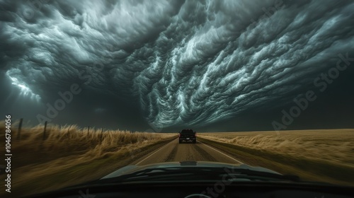 A perspective, driving towards a massive hurricane, with dark clouds photo