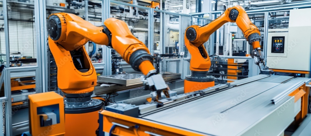 Industrial robotics with robotic arms performing tasks in a factory Industrial robotics with robotic arms performing tasks in a factory