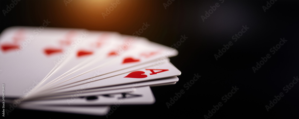 Playing cards forming a royal flush of hearts on a black background, illuminated with warm light Playing cards forming a royal flush of hearts on a black background, illuminated with warm light