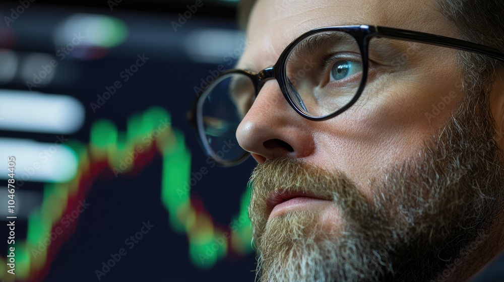 Focused trader analyzing stock market data on screen Close-up of a focused man wearing glasses, analyzing stock market data on a screen, with fluctuating trading charts in the background Focused trader analyzing stock market data on screen Close-up of a focused man wearing glasses, analyzing stock market data on a screen, with fluctuating trading charts in the background