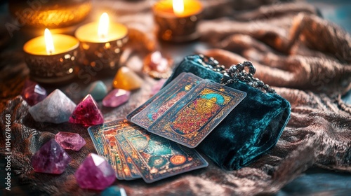 A velvet pouch holding tarot cards, placed on a mystical table with crystals