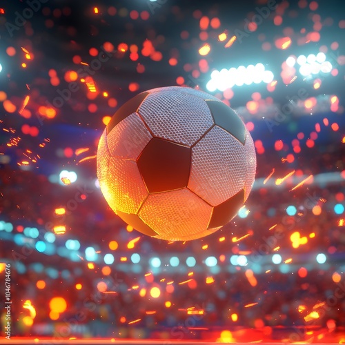 A captivating 3D rendering of a soccer ball frozen in mid kick surrounded by vibrant stadium lights and a cheering crowd capturing the intensity and energy of a thrilling match photo